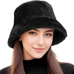 Black Faux Fur Winter Bucket Hat  Fluffy Warm Hat Women's Furry